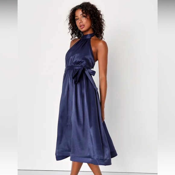 NWT Lulus Effortless Grace Navy Blue Organza Halter Midi Dress size L - Picture 2 of 4